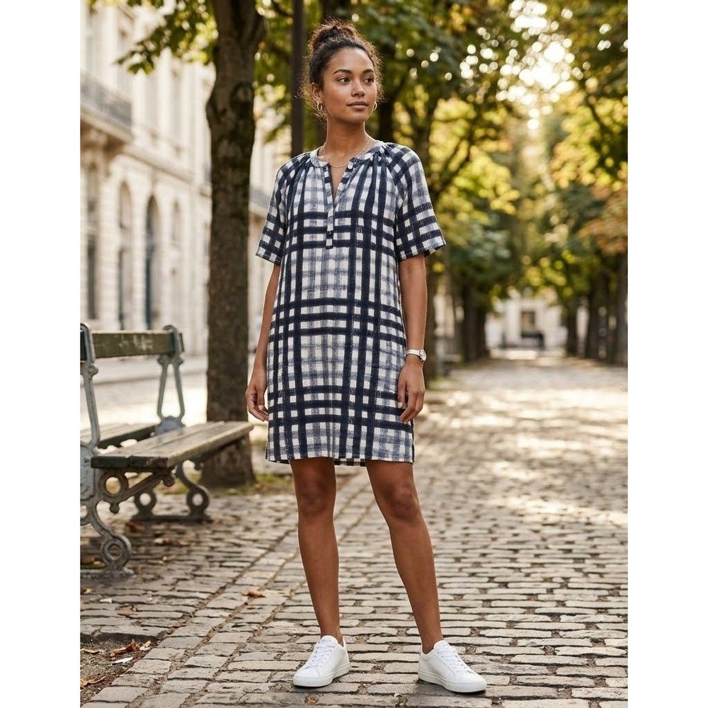 Oliphant Mini Shirt Dress Womens L Navy Plaid‎ Cotton Metallic Stripe Henley